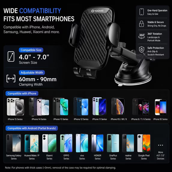 YOOVEE Universal Car Phone Holder with Adjustable Rotation for 4-7 Inch Phones, Dashboard, Windshield & Air Vent Mount