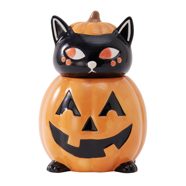 Halloween Pumpkin Cat Ceramic Cookie Jar