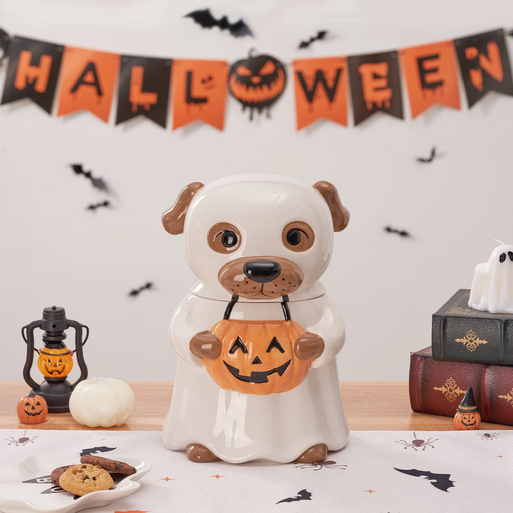 Halloween Ghost Dog Ceramic Cookie Jar
