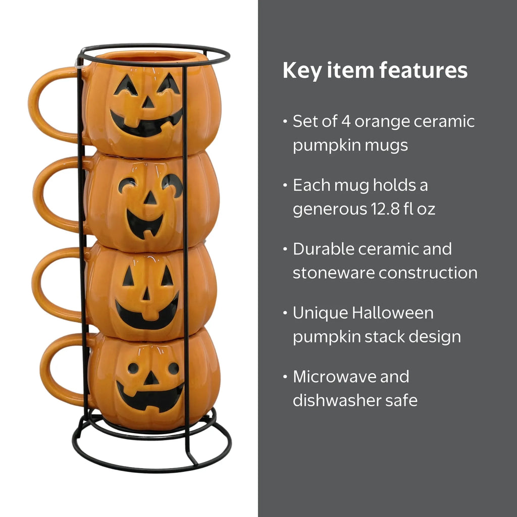 Halloween Pumpkin Stack Ceramic Mugs, 4-Pack