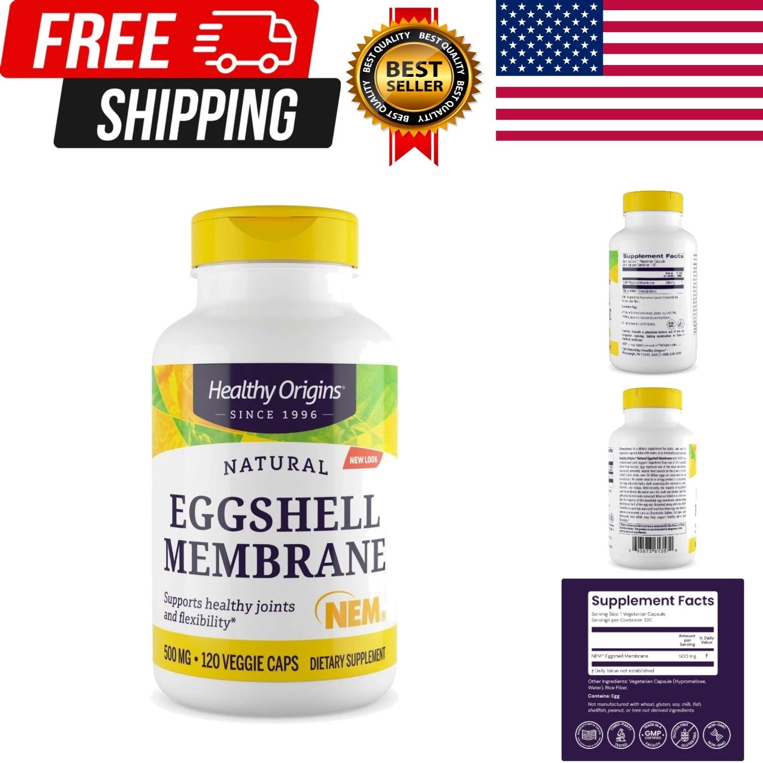 Eggshell Membrane 500 mg NEM Joint Support Supplement 120 Veggie Capsules – Non-GMO Gluten Free – New