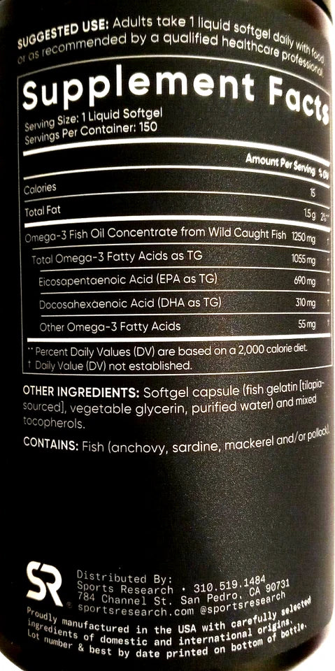 Sports Research Triple Strength Omega-3 Fish Oil 150 Softgels – Omega 3 Supplement – New