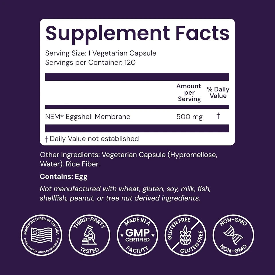 Eggshell Membrane 500 mg NEM Joint Support Supplement 120 Veggie Capsules – Non-GMO Gluten Free – New