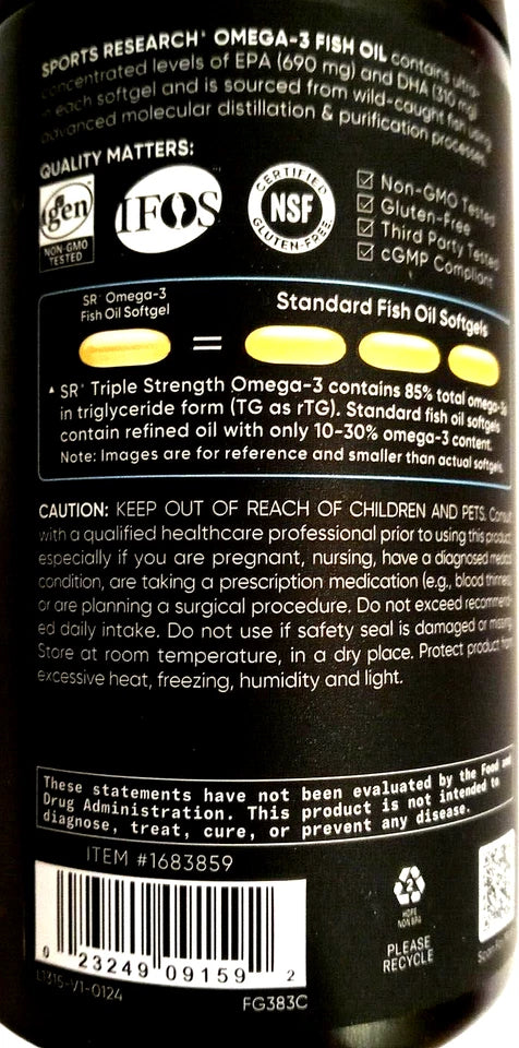 Sports Research Triple Strength Omega-3 Fish Oil 150 Softgels – Omega 3 Supplement – New